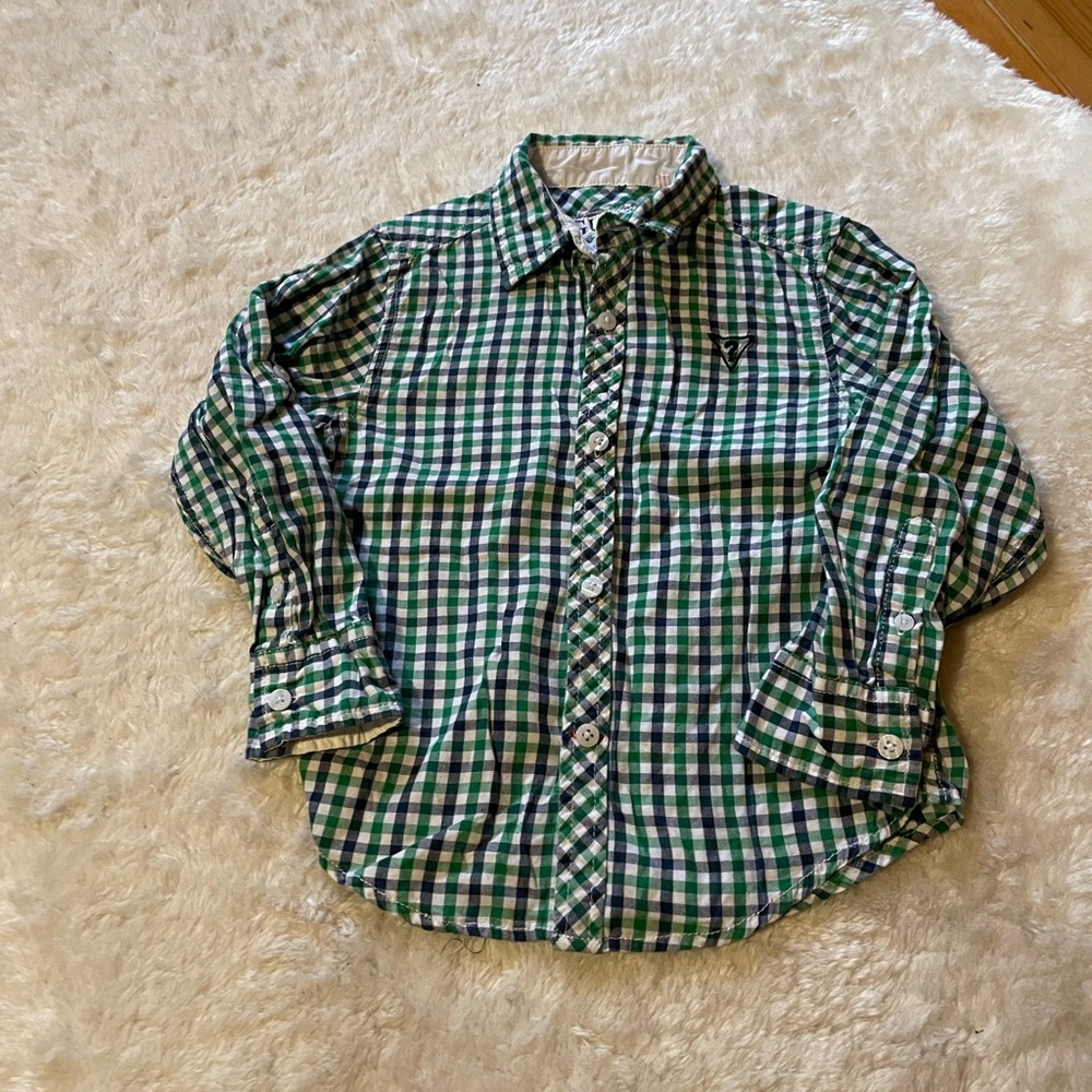 Boys Guess green plaid long sleeve dress shirt M 5/6